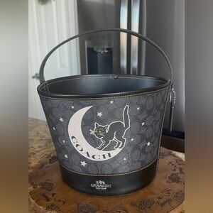 New•Coach Black Signature Moon & Cat Bucket Tote Bag.
